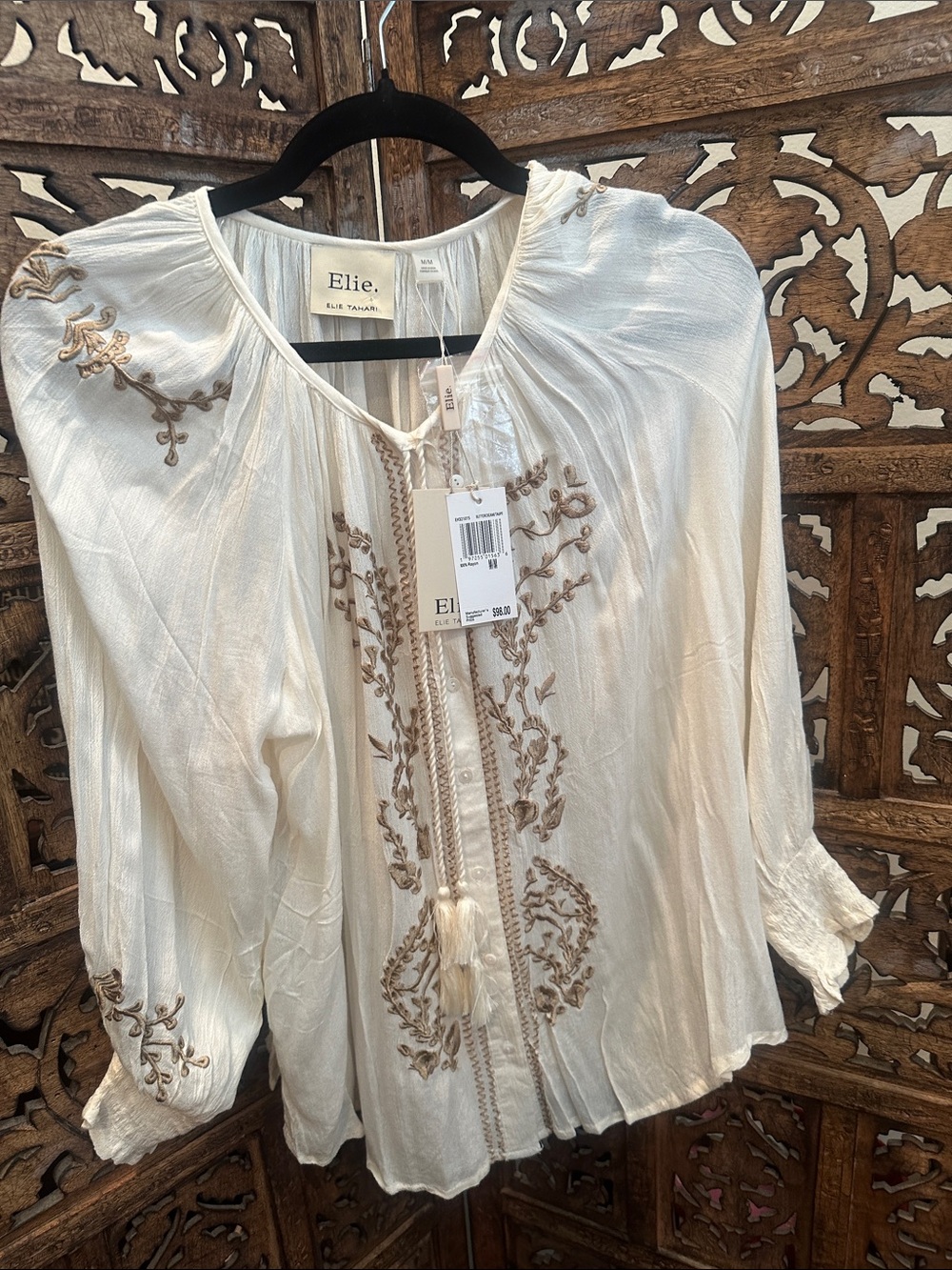 Elie Tahari Cream Embroidered Peasant Blouse Size M
